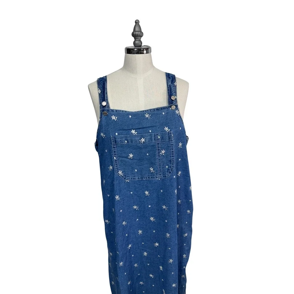 Solutions Women's Large Blue Denim Floral Jumper Maxi Dress Cottagecore